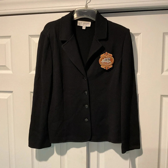 St John Collection Vintage Black Wool Knit Blazer Cardigan Suit Jacket Y2K w Pin - Picture 4 of 6
